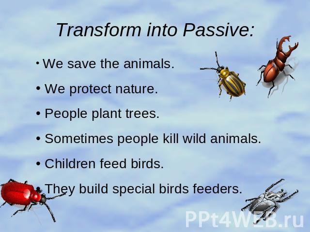 Transform into Passive: We save the animals. We protect nature. People plant trees. Sometimes people kill wild animals. Children feed birds. They build special birds feeders.