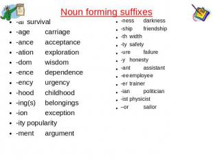 Noun forming suffixes -alsurvival-agecarriage-anceacceptance-ationexploration-do