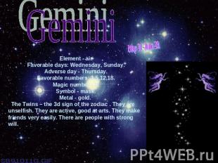GeminiMay 21 -June 20.Element - airFavorable days: Wednesday, Sunday.Adverse day