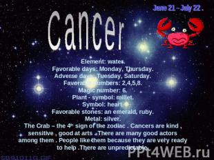 June 21 - July 22 .CancerElement: water.Favorable days: Monday, Thursday.Adverse