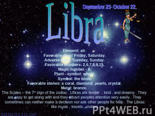 September 23- October 22.LibraElement: air.Favorable days: Friday, Saturday.Adve