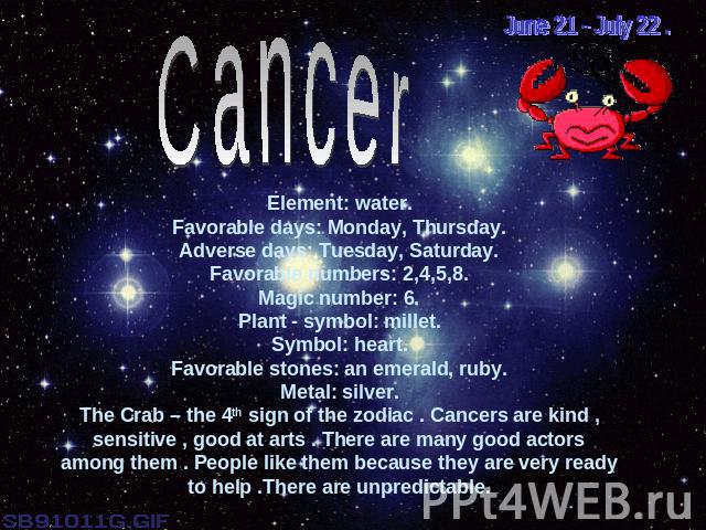 June 21 - July 22 .CancerElement: water.Favorable days: Monday, Thursday.Adverse days: Tuesday, Saturday.Favorable numbers: 2,4,5,8.Magic number: 6.Plant - symbol: millet.Symbol: heart.Favorable stones: an emerald, ruby.Metal: silver.The Crab – the …