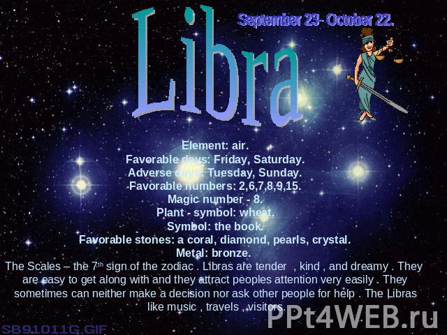 September 23- October 22.LibraElement: air.Favorable days: Friday, Saturday.Adverse days: Tuesday, Sunday.Favorable numbers: 2,6,7,8,9,15.Magic number - 8.Plant - symbol: wheat.Symbol: the book.Favorable stones: a coral, diamond, pearls, crystal.Met…