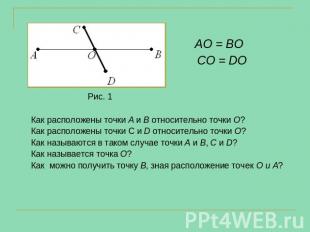 АО = ВО СО = DО Рис. 1 Как расположены точки А и В относительно точки О? Как рас