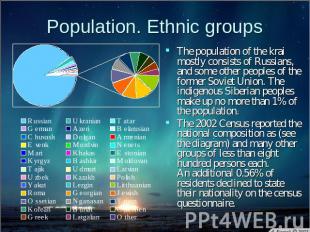 Population. Ethnic groups The population of the krai mostly consists of Russians