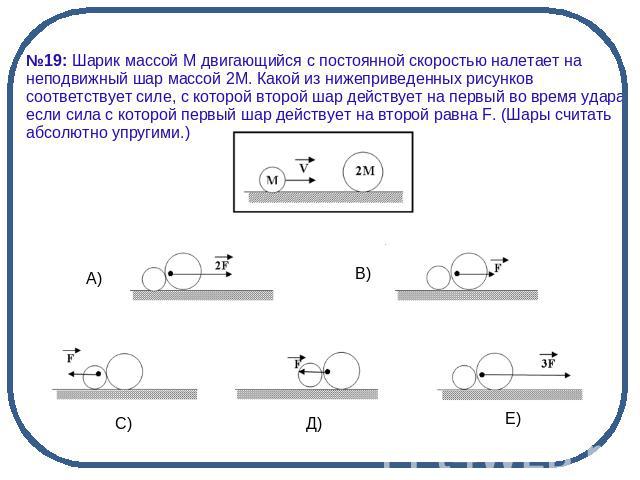 №19: Шарик массой М двигающийся с постоянной скоростью налетает на неподвижный шар массой 2М. Какой из нижеприведенных рисунков соответствует силе, с которой второй шар действует на первый во время удара, если сила с которой первый шар действует на …