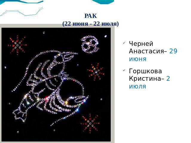 Черней Анастасия– 29 июняГоршкова Кристина– 2 июля