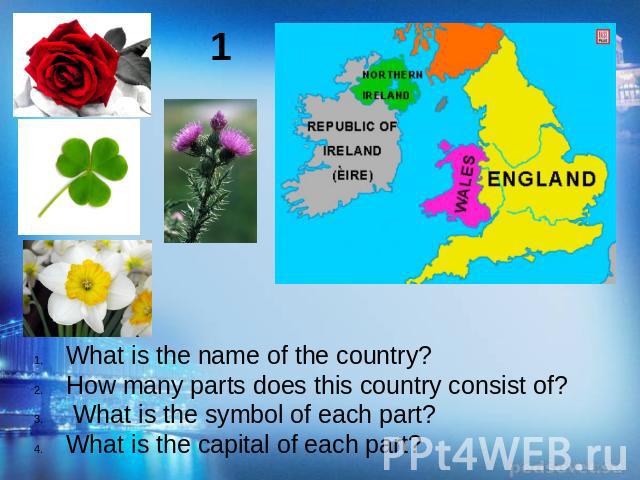 What is the name of the country?How many parts does this country consist of? What is the symbol of each part?What is the capital of each part?