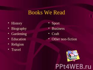 Books We Read History BiographyGardeningEducationReligion Travel SportBusinessCr