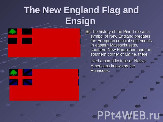 The New England Flag and Ensign The history of the Pine Tree as a symbol of New England predates the European colonial settlements. In eastern Massachusetts, southern New Hampshire and the southern corner of Maine, there lived a nomadic tribe of Nat…