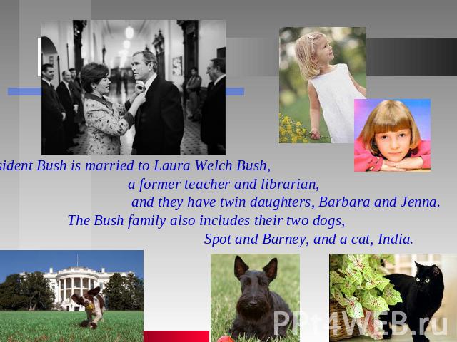 President Bush is married to Laura Welch Bush, a former teacher and librarian, and they have twin daughters, Barbara and Jenna. The Bush family also includes their two dogs, Spot and Barney, and a cat, India.
