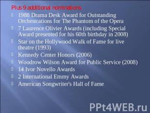 Plus 9 additional nominations1988 Drama Desk Award for Outstanding Orchestration