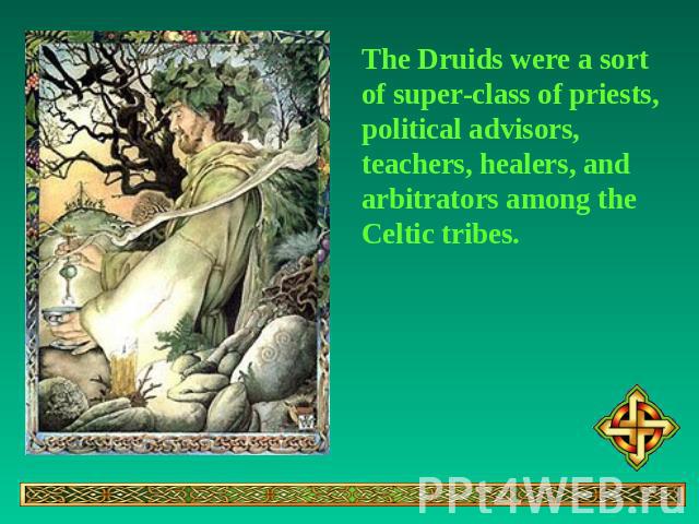 The Druids were a sort of super-class of priests, political advisors, teachers, healers, and arbitrators among the Celtic tribes.