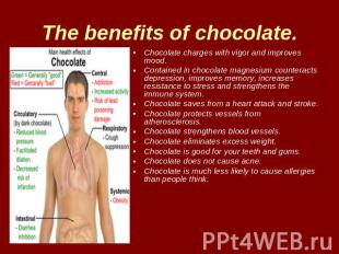 The benefits of chocolate. Chocolate charges with vigor and improves mood.Contai