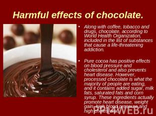 Harmful effects of chocolate. Along with coffee, tobacco and drugs, chocolate, a