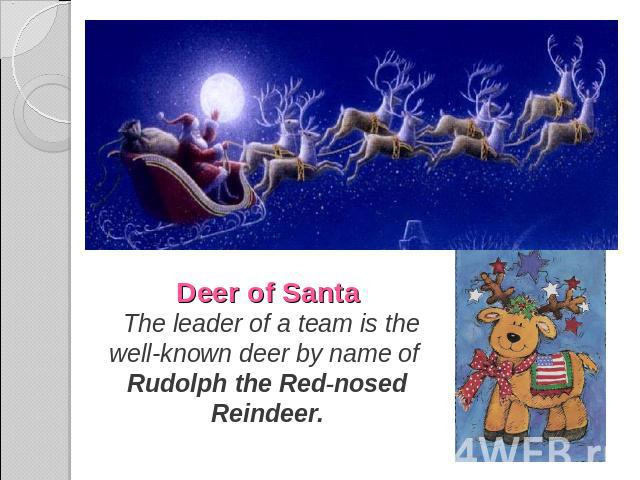 Deer of Santa The leader of a team is the well-known deer by name of Rudolph the Red-nosed Reindeer.