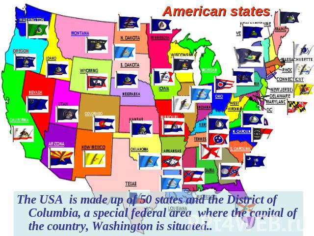 American states. The USA is made up of 50 states and the District of Columbia, a special federal area where the capital of the country, Washington is situated..