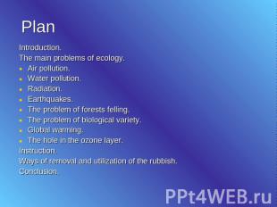 Plan Introduction. The main problems of ecology.Air pollution.Water pollution.Ra