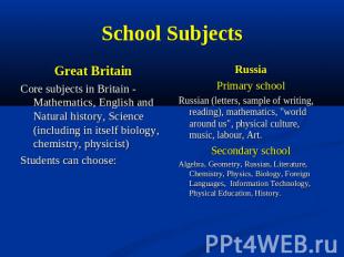 School Subjects Great BritainCоre subjects in Britain - Mathematics, English and
