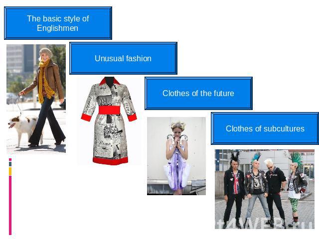 The basic style of Englishmen Unusual fashion Clothes of the future Clothes of subcultures