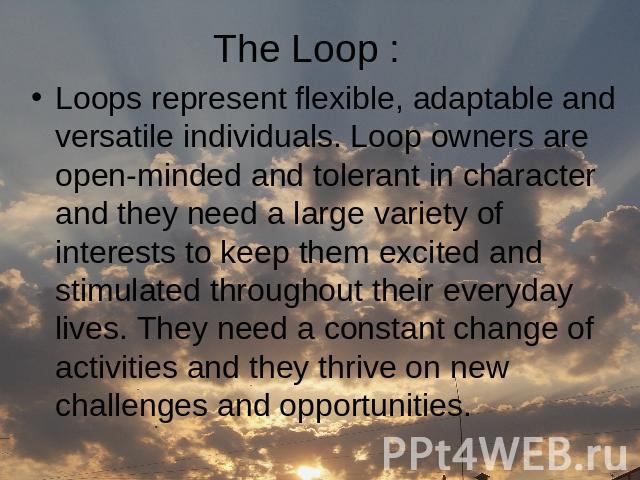 The Loop : Loops represent flexible, adaptable and versatile individuals. Loop owners are open-minded and tolerant in character and they need a large variety of interests to keep them excited and stimulated throughout their everyday lives. They need…