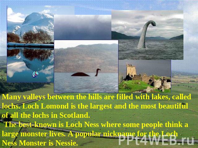 Many valleys between the hills are filled with lakes, called lochs. Loch Lomond is the largest and the most beautiful of all the lochs in Scotland. The best-known is Loch Ness where some people think a large monster lives. A popular nickname for the…