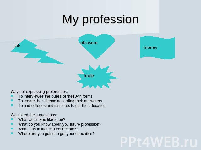 My profession job pleasure money trade Ways of expressing preferences:To interviewee the pupils of the10-th formsTo create the scheme according their answerersTo find colleges and institutes to get the educationWe asked them questions:What would you…