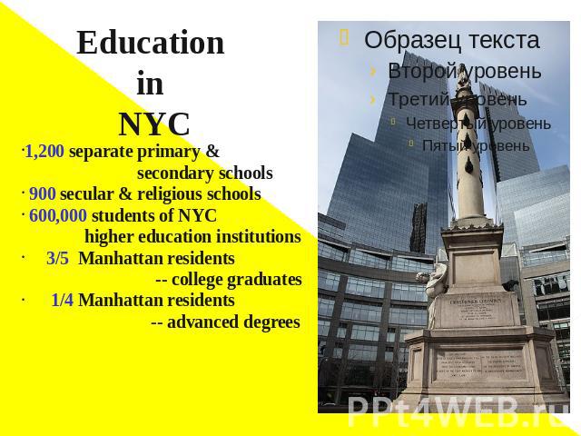Education in NYC 1,200 separate primary & secondary schools 900 secular & religious schools 600,000 students of NYC higher education institutions 3/5 Manhattan residents -- college graduates 1/4 Manhattan residents -- advanced degrees