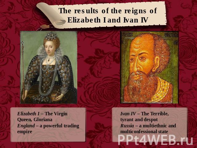The results of the reigns of Elizabeth I and Ivan IV Elizabeth I – The Virgin Queen, GlorianaEngland – a powerful trading empire Ivan IV – The Terrible, tyrant and despotRussia – a multiethnic and multiconfessional state