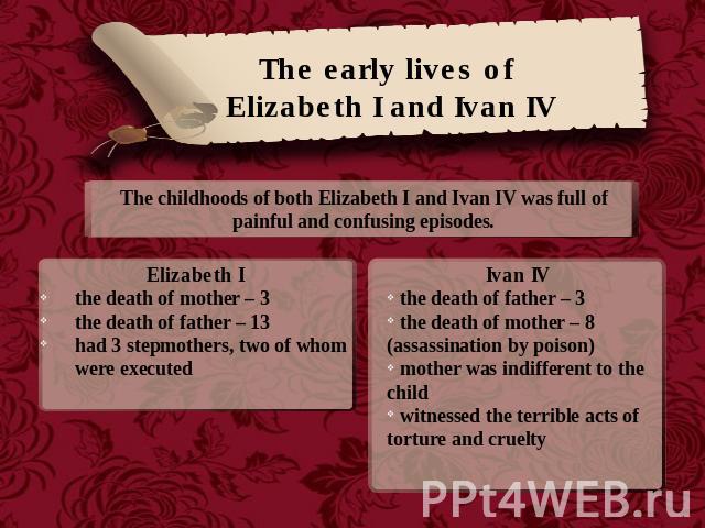The early lives of Elizabeth I and Ivan IV The childhoods of both Elizabeth I and Ivan IV was full of painful and confusing episodes.Elizabeth Ithe death of mother – 3the death of father – 13had 3 stepmothers, two of whom were executed Ivan IV the d…