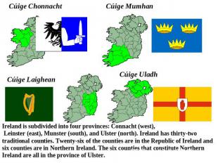 Ireland is subdivided into four provinces: Connacht (west), Leinster (east), Mun