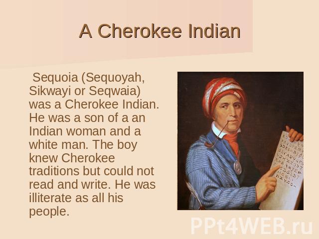 A Cherokee Indian Sequoia (Sequoyah, Sikwayi or Seqwaia) was a Cherokee Indian. He was a son of a an Indian woman and a white man. The boy knew Cherokee traditions but could not read and write. He was illiterate as all his people.