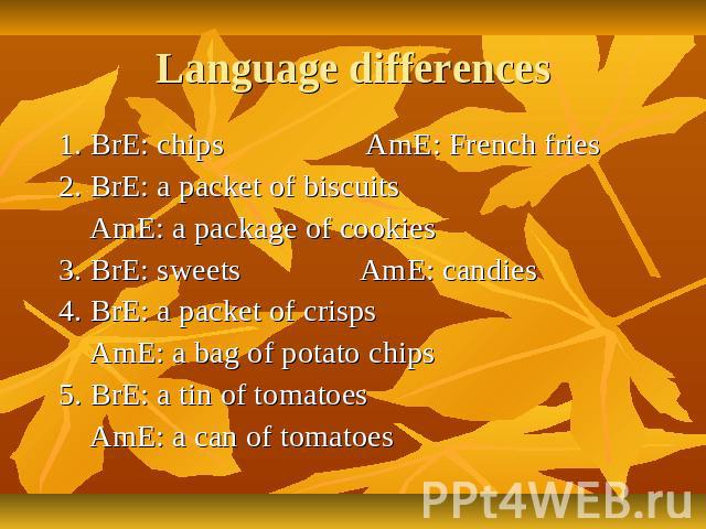 Language differences 1. BrE: chips AmE: French fries 2. BrE: a packet of biscuits AmE: a package of cookies 3. BrE: sweets AmE: candies 4. BrE: a packet of crisps AmE: a bag of potato chips 5. BrE: a tin of tomatoes AmE: a can of tomatoes