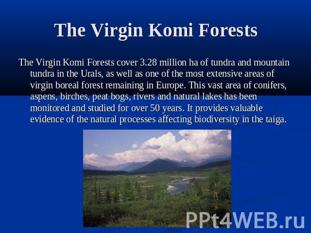 The Virgin Komi Forests The Virgin Komi Forests cover 3.28 million ha of tundra and mountain tundra in the Urals, as well as one of the most extensive areas of virgin boreal forest remaining in Europe. This vast area of conifers, aspens, birches, pe…
