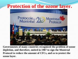 Protection of the ozone layer. Governments of many countries recognized the prob