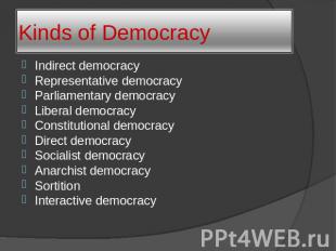 Kinds of Democracy Indirect democracyRepresentative democracyParliamentary democ
