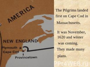The Pilgrims landed first on Cape Cod in Massachusetts. It was November, 1620 an
