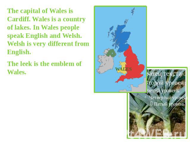 The capital of Wales is Cardiff. Wales is a country of lakes. In Wales people speak English and Welsh. Welsh is very different from English.The leek is the emblem of Wales.