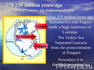 270-210 million years ago The end of Permian – the beginning of Trias About 275
