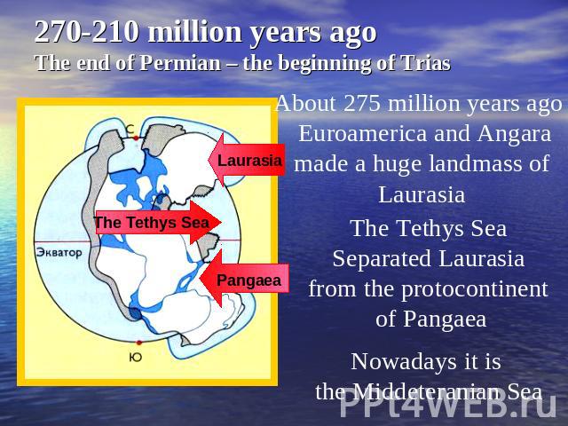 270-210 million years ago The end of Permian – the beginning of Trias About 275 million years ago Euroamerica and Angara made a huge landmass of Laurasia The Tethys Sea Separated Laurasia from the protocontinent of Pangaea