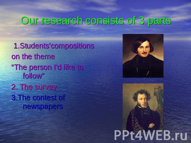 Our research consists of 3 parts 1.Students’compositionson the theme “The person I’d like to follow” 2. The survey3.The contest of newspapers