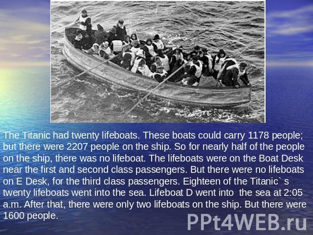 The Titanic had twenty lifeboats. These boats could carry 1178 people; but there were 2207 people on the ship. So for nearly half of the people on the ship, there was no lifeboat. The lifeboats were on the Boat Desk near the first and second class p…