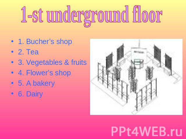 1-st underground floor 1. Bucher’s shop2. Tea3. Vegetables & fruits4. Flower’s shop5. A bakery6. Dairy