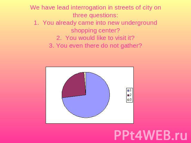 We have lead interrogation in streets of city on three questions:1. You already came into new underground shopping center?2. You would like to visit it?3. You even there do not gather?