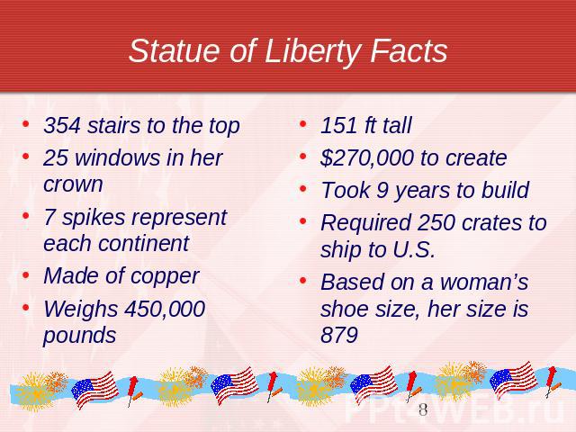 Statue of Liberty Facts 354 stairs to the top25 windows in her crown7 spikes represent each continentMade of copperWeighs 450,000 pounds 151 ft tall$270,000 to createTook 9 years to buildRequired 250 crates to ship to U.S.Based on a woman’s shoe siz…