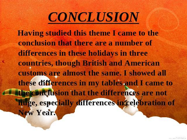 CONCLUSION Having studied this theme I came to the conclusion that there are a number of differences in these holidays in three countries, though British and American customs are almost the same. I showed all these differences in my tables and I cam…