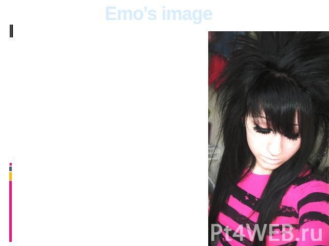 Emo’s image Traditional emo’s hairstyle is the slanting, fragmentary bang to the nose tip, closing one eye, back short hair sticking out in all directions. The preference is given to rigid direct black hair. Both young men and girls can paint lips u…