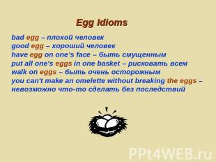 Egg Idioms bad egg – плохой человекgood egg – хороший человекhave egg on one’s f