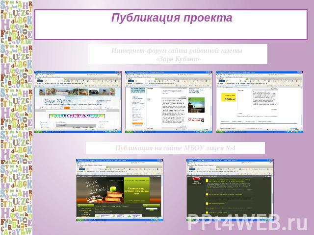 Публикация проекта Интернет-форум сайта районной газеты «Заря Кубани» Публикация на сайте МБОУ лицея №4