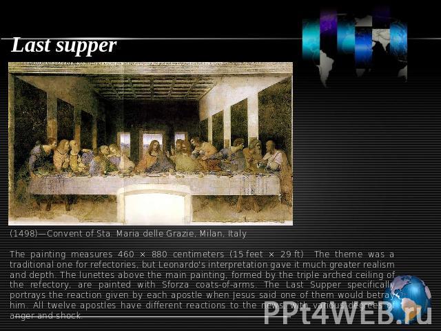 Last supper (1498)—Convent of Sta. Maria delle Grazie, Milan, ItalyThe painting measures 460 × 880 centimeters (15 feet × 29 ft) The theme was a traditional one for refectories, but Leonardo's interpretation gave it much greater realism and depth. T…